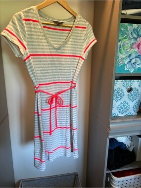 Tommy Hilfiger white, Gray & Neon Pink Striped Knit Tie-Waist Dress